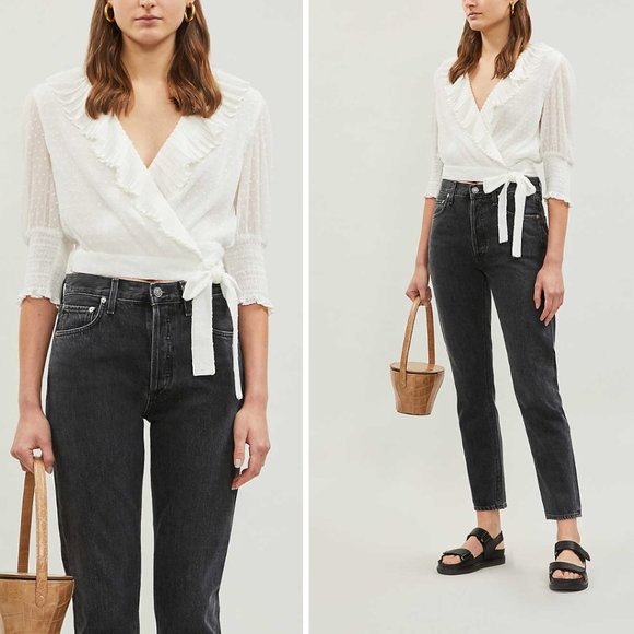 Maje Plumeti Cropped Blouse White Wrap-over Self-tie Belt Ruffle Trim V-neck - Picture 1 of 11